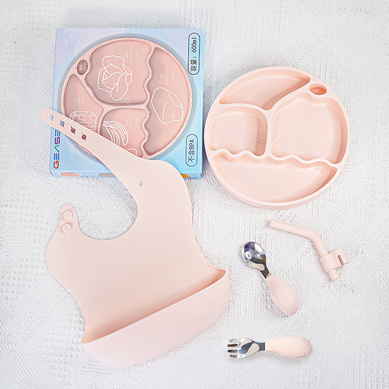 兒童學吃飯防摔分格餐盤大象卡通可愛嬰兒勺叉母子象嬰兒硅膠圍兜